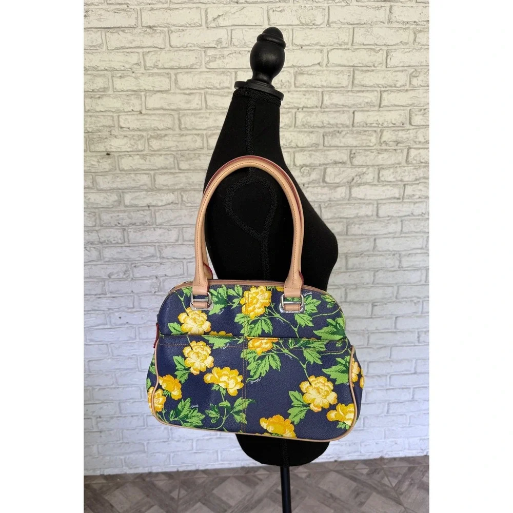 Tignanello Bed‎ of Roses Floral Satchel Handbag Purse Navy Yellow Flower Print